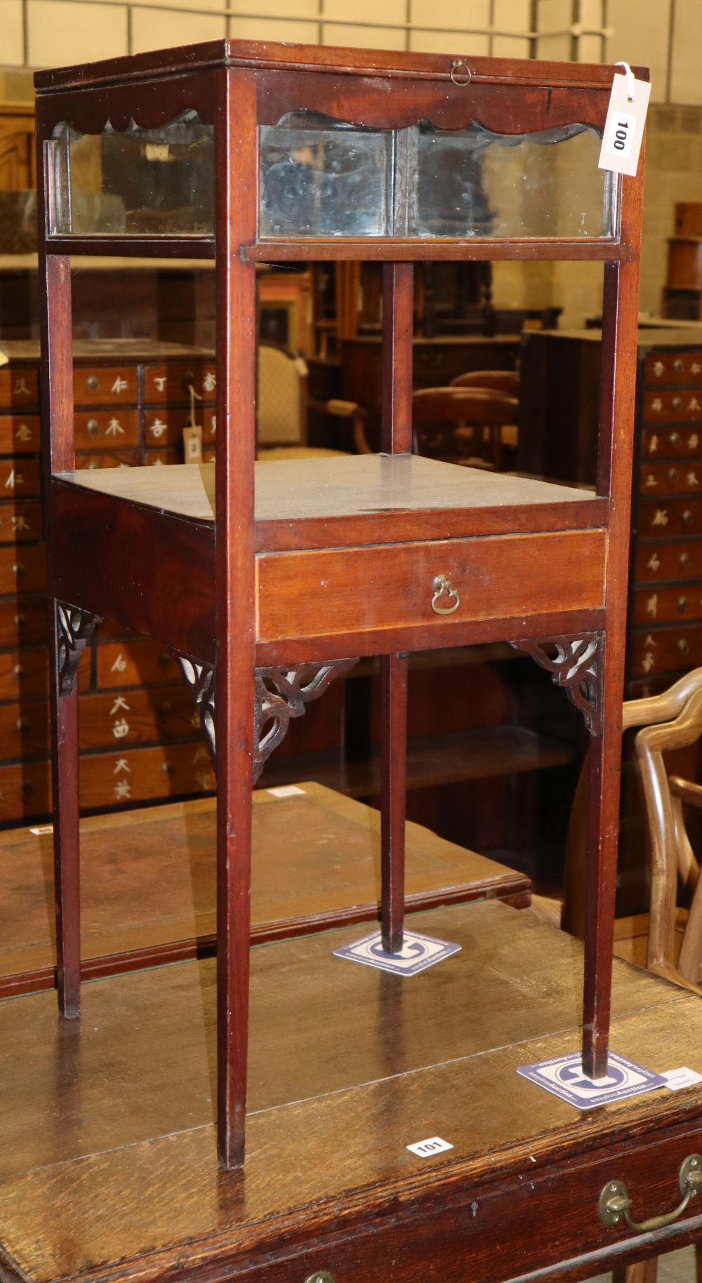 A George III washstand converted to a bijouterie table, W.36cm, D.36cm, H.82cm